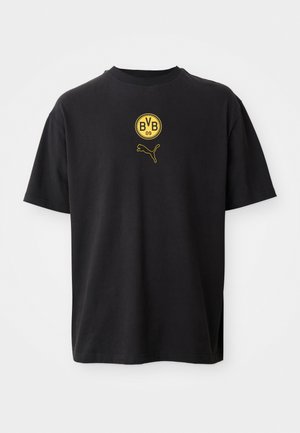 Sort bomulds T-shirt med korte ærmer og rund halsudskæring, med et gult BVB 09-logo og et gult Puma-logo.