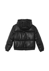 Schwarze Daunenjacke mit glänzender lederähnlicher Oberfläche. Sie verfügt über eine Kapuze, elastische Bündchen und eine verkürzte Silhouette mit gesteppten Details.