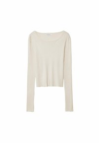 Top ample à manches longues en beige clair, présentant un col arrondi large et une coupe courte. Texture douce avec des rayures verticales.