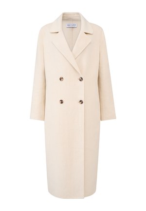 Beige Wollmischungsjacke mit einem doppelt-knöpfbaren Design, großen Knöpfen und einem Reverskragen. Lange Ärmel und gerade Schnittführung. Glatte Textur.