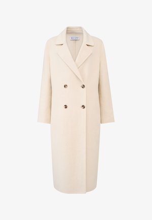 Beige Wollmischungsjacke mit einem doppelt-knöpfbaren Design, großen Knöpfen und einem Reverskragen. Lange Ärmel und gerade Schnittführung. Glatte Textur.