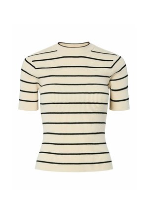 Haut à manches courtes en maille côtelée crème avec des rayures horizontales noires ; possède un col rond et une silhouette ajustée.