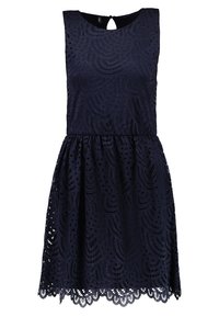 Mörkblå spetsklänning med rund halsringning, utskärning i nyckelhålet bak och vågig nederkant. Har ett texturerat mönster med vågiga former.