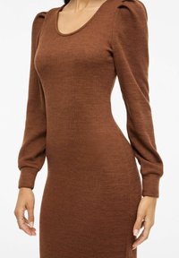 Ruskea ribbineuloksinen pitkähiha dressi, jossa on pyöreä pääntie, liehuehihat ja vartalonmyötäinen siluetti, valmistettu teksturoidusta neulemateriaalista.