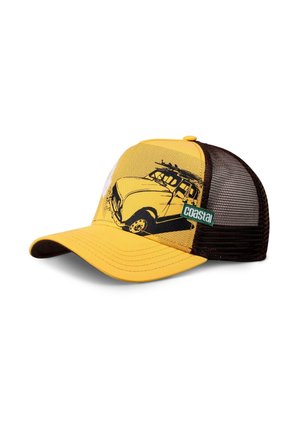 Yellow trucker cap with a mesh back; features graphic of a car, green tag on the side, and a curved brim with black accents.