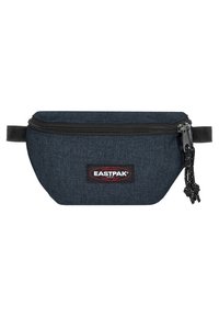 Mörkblå midjeväska tillverkad av texturerad tyg, med dragkedjestängning, justerbar rem och en märkeslogotyp på framsidan.