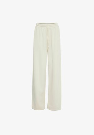Pantalones de pierna ancha color crema, hechos de una tela suave. Presentan una cinturilla elástica con cordón y sin patrones ni acentos visibles.