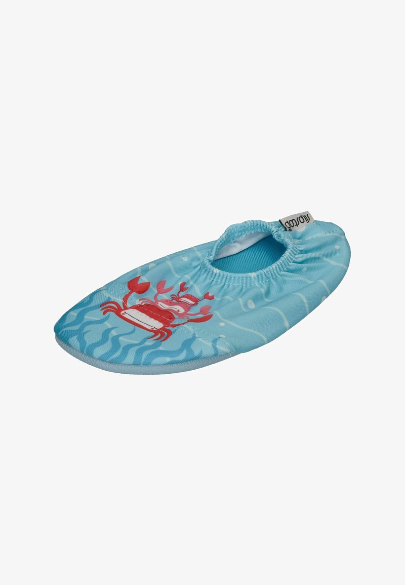 Helle blaue Wasserschuhe mit einem roten Krabbenmotiv und weißen Punkten. Sie verfügen über einen elastischen Knöchel für einen festen Sitz und eine glatte Sohle.