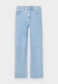 Light blue denim jeans with a straight-cut design, five-pocket style, and front metal button closure. Slightly distressed texture.