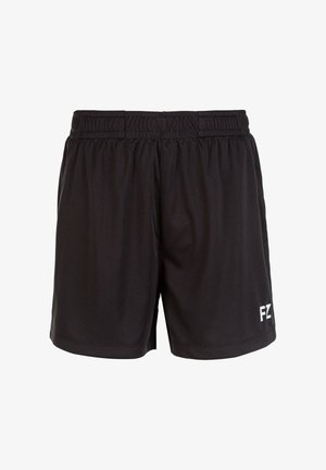 Sorte atletiske shorts lavet af letvægts, åndbart stof. Har et elastisk taljebånd og et hvidt logo på venstre kant.