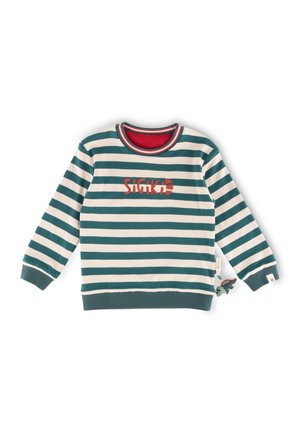 Gestreifter Langarm-Sweatshirt für Kinder in Türkis und Weiß mit rotem Innenkragen und "SiGiKiD"-Schriftzug, mit kleinem Dinosaurier-Anhänger an der Seite.