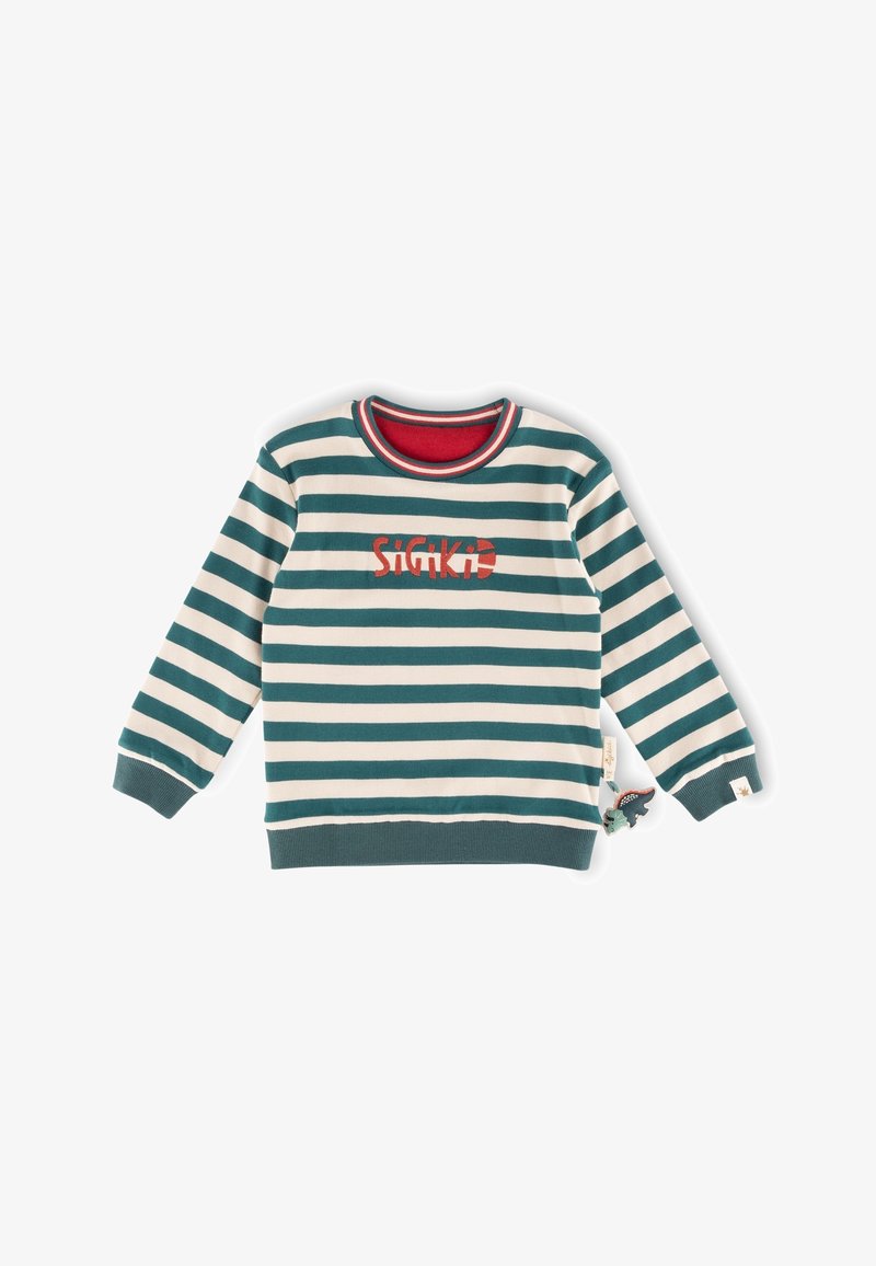 Sweat-shirt à manches longues pour enfants, rayé en bleu sarcelle et blanc, avec un col intérieur rouge et le texte « SiGiKiD », agrémenté d'un petit pendentif dinosaure sur le côté.