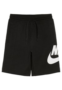 Black cotton shorts with a drawstring waist, two side pockets, and a prominent white Nike logo on the left side. Smooth texture.