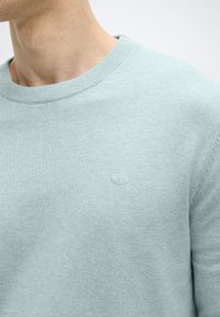 Ανοιχτό πράσινο πλεκτό πουλόβερ με στρογγυλή λαιμόκοψη και ριμπ γιακά. Διαθέτει μικρό, ανάγλυφο λογότυπο στο στήθος. Υφασμα με υφή.