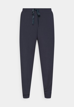 Navy blue jogger pants made of soft fabric, featuring an elastic waistband and satin tie, with tapered cuffs at the ankles.