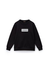 Svart hettegenser laget av myk stoff. Har en ribbestrikket crew neck, mansjetter og hem. Framsiden viser en rektangulær logo-patch i hvitt og svart.