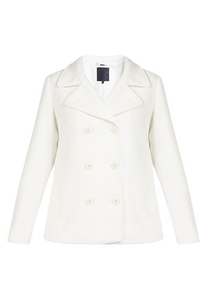 White double-breasted coat with large lapels, made from soft fabric. Features six round buttons and a plain interior label.
