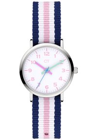 Runder weißer Ziffernblatt mit pinken und blauen Stunden- und Minutenzeigern. Marineblaues und weißes gewebtes Armband mit pinken Streifenakzenten. Gehäuse aus silbernem Metall.