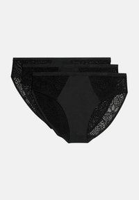 Set di mutandine in pizzo nero, con dettagli in pizzo intrecciato sui lati, vita elastica e un pannello frontale liscio.