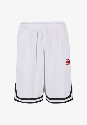 Baltas sporta šorts, kas izgatavoti no elpojoša materiāla, ar melnu apmali un izsistu sarkanu logotipu sānos.
