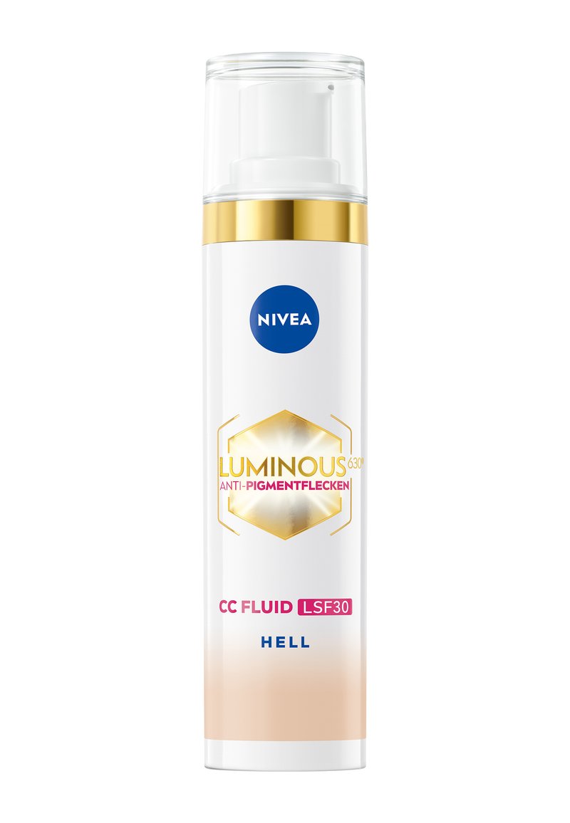 NIVEA Luminous CC Fluid, weiße zylindrische Flasche, goldene Akzente, klarer Pumpspender, Text umfasst "LSF30" und "ANTI-PIGMENTFLECKEN."
