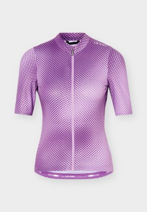 Maillot de ciclismo morado de manga corta con patrón de puntos degradados en morado claro y cremallera frontal, con la marca "Le Col" en el cuello y el dobladillo.