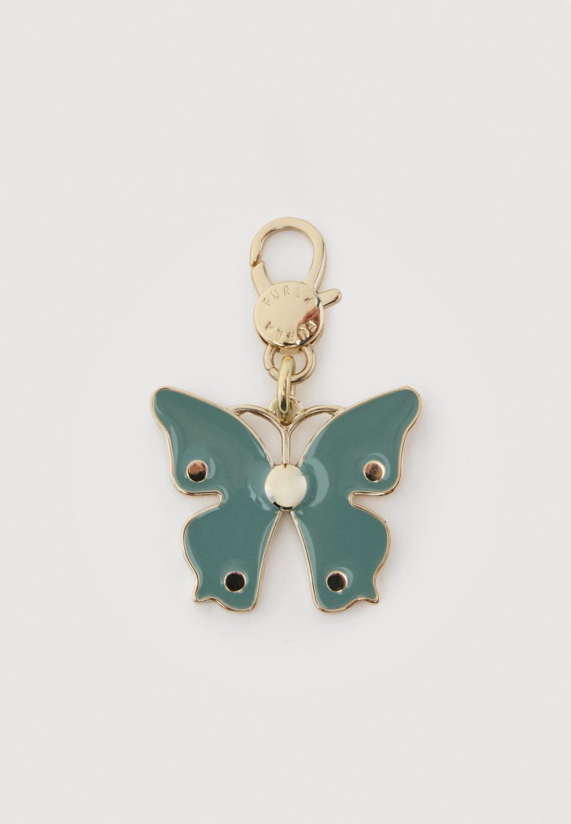 Porte-clés papillon doré et sarcelle avec un fermoir et de petits cercles décoratifs sur les ailes.