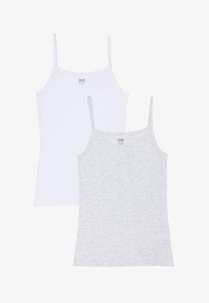 Twee dames mouwloze tanktops met dunne bandjes, één effen wit en één lichtgrijs met een subtiel gemarmerd patroon, plat neergelegd.