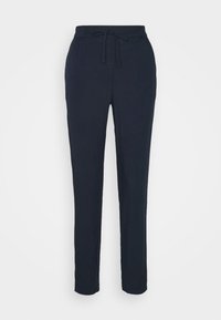 Marinblå byxor i mjukt tyg, med resårmidja och dragsnöre samt rak bendesign. Inga synliga fickor.