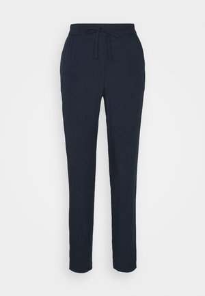 Pantalon bleu marine en tissu doux, avec une taille élastique dotée d'un cordon de serrage et une coupe droite. Pas de poches visibles.