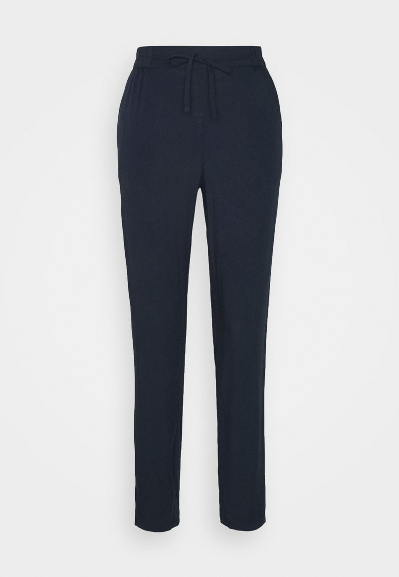 Marinblå byxor i mjukt tyg, med resårmidja och dragsnöre samt rak bendesign. Inga synliga fickor.