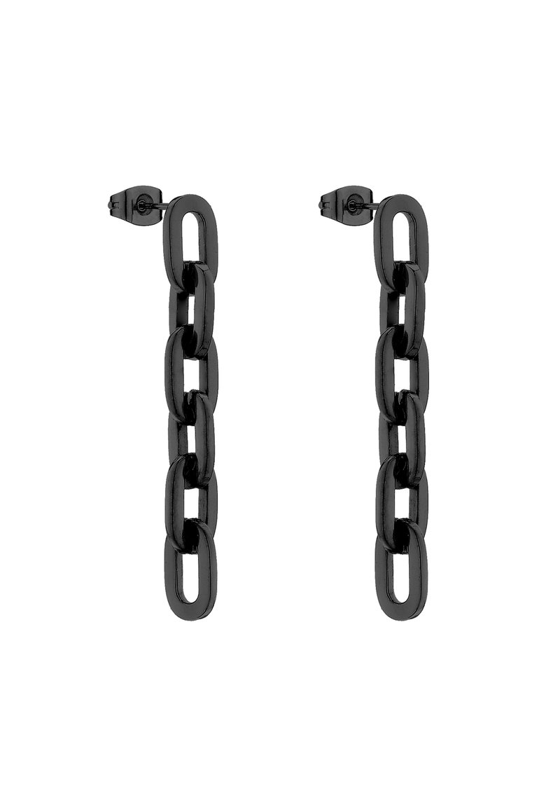 Zwarte kettingschakels earrings met een glanzende afwerking; verlengde ovale schakels verbonden in een verticale opstelling; ronde studs achter voor beveiliging.