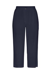 Marinblå cropped-byxor i ett lätt material med slät front, två sidofickor och en enda knappstängning i midjan.