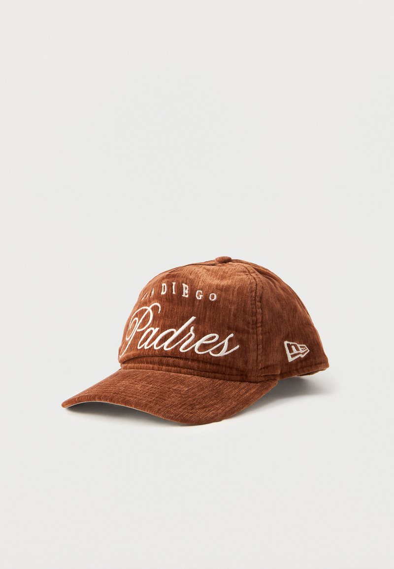 Brown cotton cap featuring embroidered "San Diego Padres" text in white, with a curved visor and a textured fabric design.