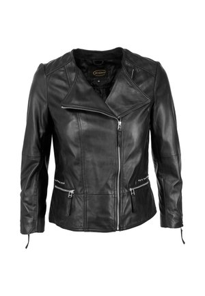 Sort læder bikerjakke med en tætsiddende design, asymmetrisk lynlåslukning, to lynlåslommer og dekorative nitter langs fronten.