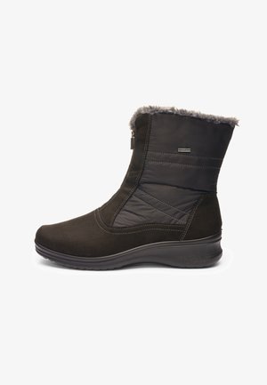 Black mid-calf winter boot with faux fur trim, side zipper, quilted fabric upper, and sturdy rubber sole.