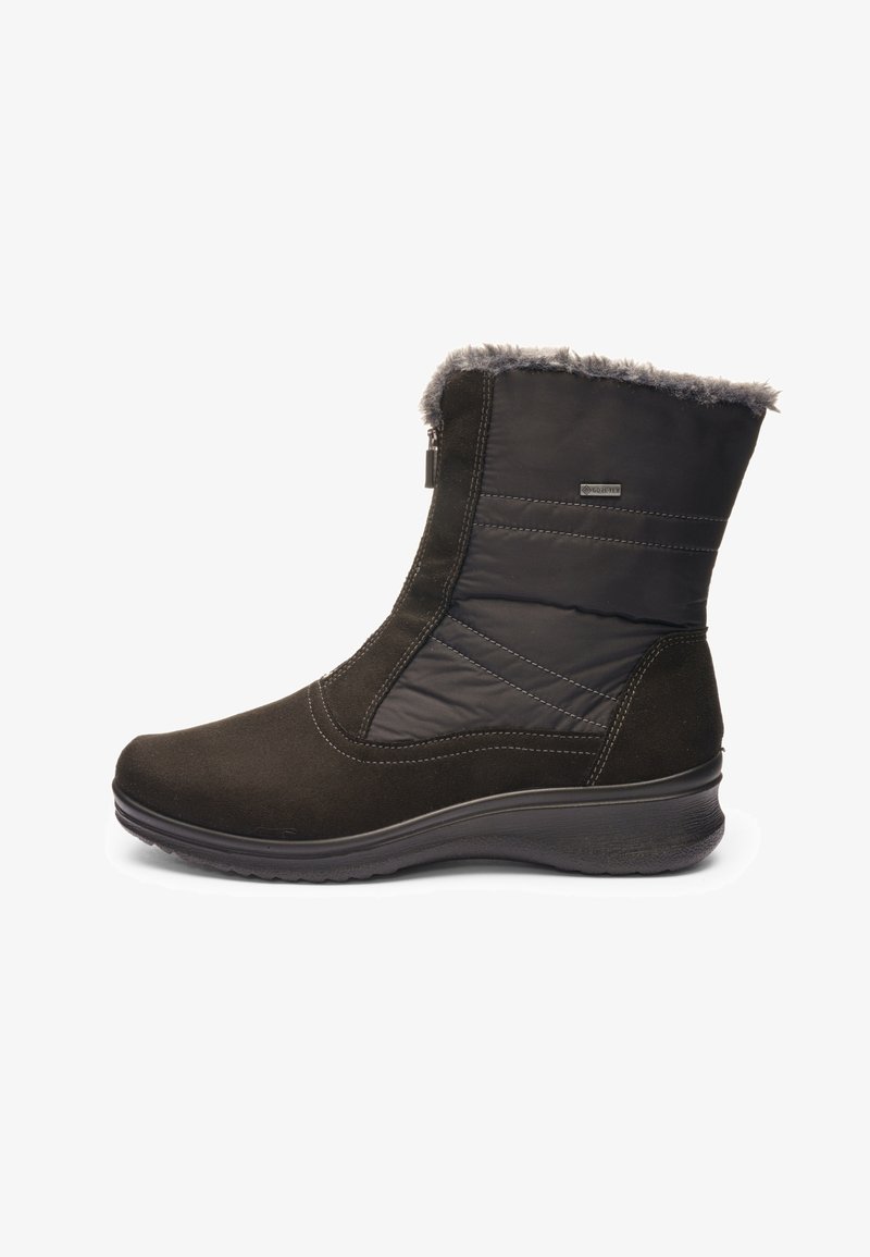 Botte d'hiver noire mi-mollet avec bordure en fausse fourrure, fermeture éclair latérale, dessus en tissu matelassé et semelle en caoutchouc robuste.