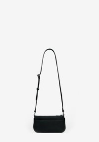 Black leather crossbody bag with a slim design, featuring a zippered top and an adjustable strap. Smooth texture with minimal details.