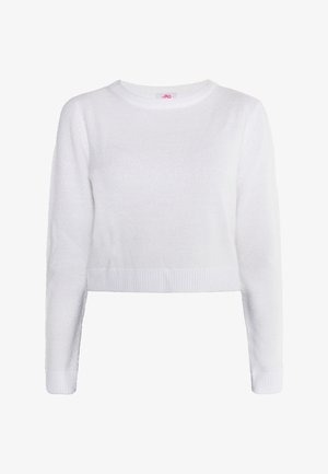 Balts īsais džemperis izgatavots no mīksta, teksturēta auduma. Tam ir ribota apkakle un aproces, kā arī vienkāršs, klasiskas formas dizains.