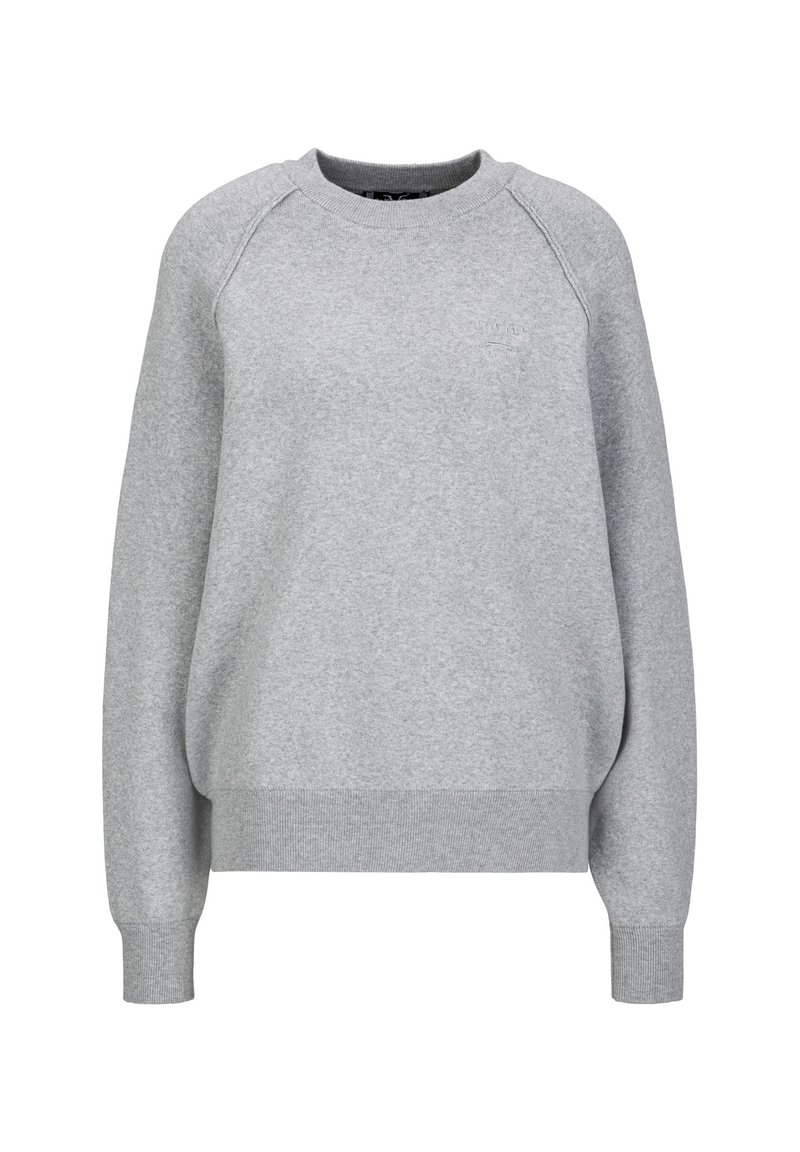 Grauer Sweatshirt aus weichem Baumwollmix. Verfügt über einen gerippten Rundhalskragen, lange Raglanärmel und gerippte Bündchen sowie einen Saum.