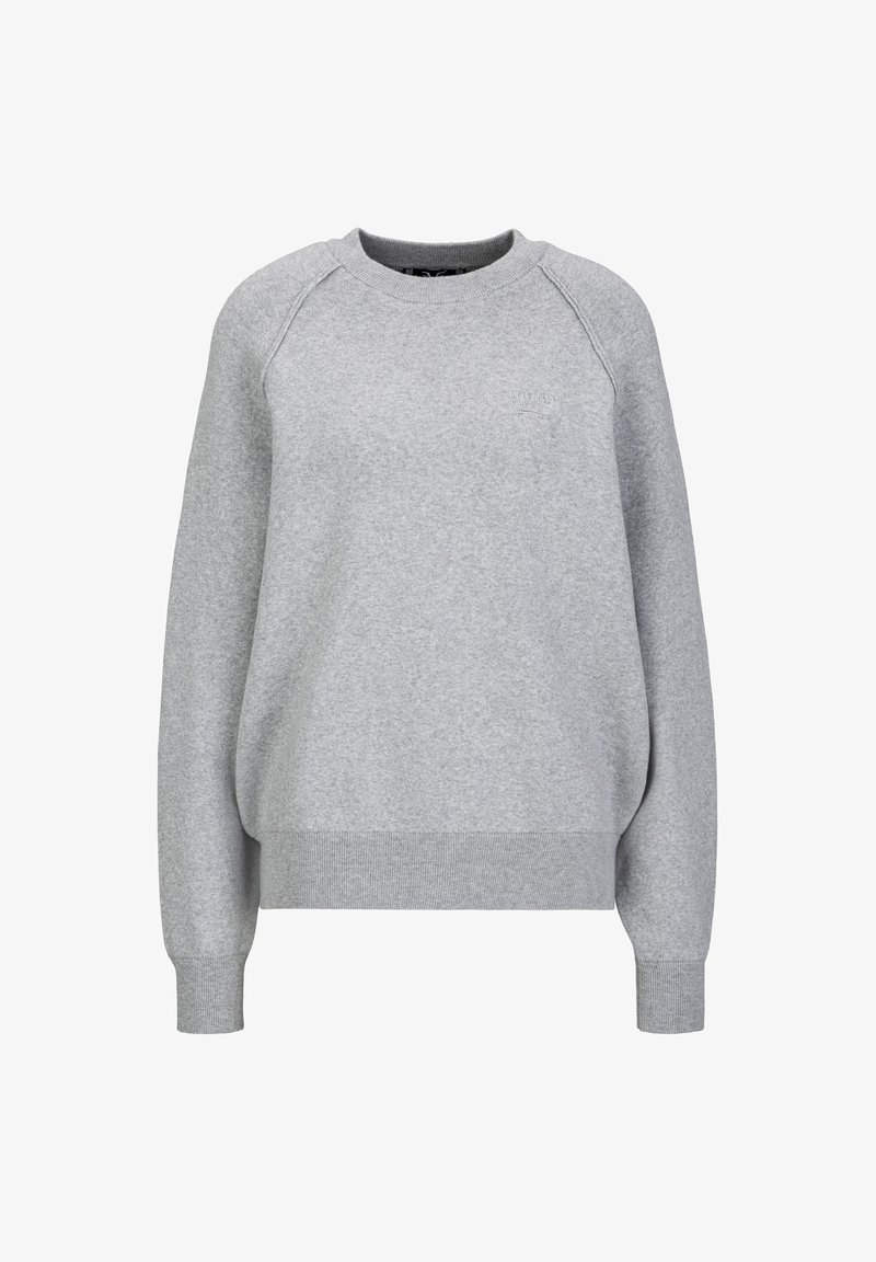 Grauer Sweatshirt aus weichem Baumwollmix. Verfügt über einen gerippten Rundhalskragen, lange Raglanärmel und gerippte Bündchen sowie einen Saum.