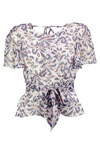 Blůza s květinovým vzorem, lehká látka, balónové rukávy, kulatý výstřih se zavazováním, barvy zahrnují krémovou, fialovou a nádech růžové.