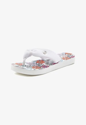 Weiße Flip-Flop-Sandale mit gepolstertem, verknotetem Riemen und Fußbett mit floralem Muster in Orange-, Pink- und Grüntönen.