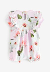 Salopette floreale caratterizzata da grandi fiori bianchi e rosa su uno sfondo rosa chiaro. Maniche arricciate e dettaglio a apertura a chiave sul retro. Orlo elastico inferiore.
