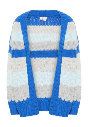 Cardigan lavorato a maglia blu e grigio con apertura frontale. Presenta strisce orizzontali in diverse tonalità di blu e crema, tessuto testurizzato.