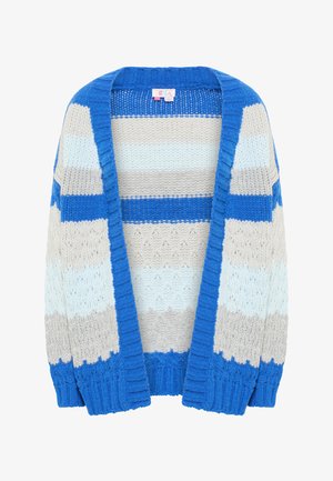 Blauwe en grijze gebreide cardigan met een open voorkant. Heeft horizontale strepen in verschillende tinten blauw en crème, met een gestructureerde stof.