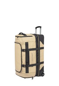 Beige und schwarze Stoffreisetasche auf Rollen, ausgestattet mit stabilen Tragegurten, einem ausziehbaren Griff und leichtgängigen Rollen für optimale Mobilität.