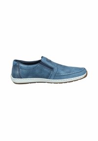 Zapatos slip-on de cuero azul con diseño perforado, acentos en azul marino contrastantes, media suela blanca y suela de goma texturizada.