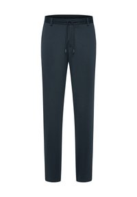 Dark blue tapered pants with a drawstring waist and belt loops, shown front-facing on a white background.