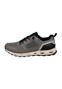 Sport sneakers with a gray mesh upper, black accents, and a lightweight beige sole. Features a lace-up design and logo on the side.